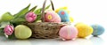 Easter Delights: Vibrant Eggs and Tulips in a White Basket