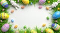 Easter Design: Artistic Frame with Colorful Eggs, Cute Bunnies and Grass Filigree on White Background. Festive Clipart with Plenty