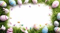 Easter Design: Artistic Frame with Colorful Eggs, Cute Bunnies and Grass Filigree on White Background. Festive Clipart with Plenty