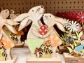 Easter design. Bunny rabbit wooden decoration. Happy Easter