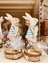 Easter design. Bunny rabbit wooden decoration. Happy Easter