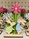 Easter design. Bunny rabbit wooden decoration. Happy Easter