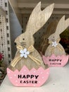 Easter design. Bunny rabbit wooden decoration. Happy Easter