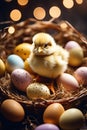 Easter design with cute chick and colorful eggs in nest on dark background Royalty Free Stock Photo