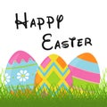 Easter design element for greeting card with colorful Easter eggs on green grass. Template for Easter banner design