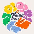 Easter design with red bunny and colorful flowers. Elegant vector illustration of cute rabbit, floral wreath and easter egg