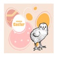 Easter design template. Hand drawn sketch style new born baby chicken and easter eggs.