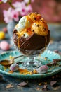 Easter dessert with Chocolate Easter Egg filled with Ice Cream and Caramel Sauce