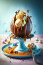 Easter dessert with Chocolate Easter Egg filled with Ice Cream and Caramel Sauce