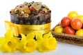 Easter dessert paskha, eggs in woven basket, daffo Royalty Free Stock Photo