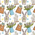 Easter details seamless pattern with doodle illustrations. Easter cake, tulips, bunny with egg. Bright vector