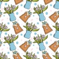 Easter details seamless pattern with doodle illustrations. Easter cake, tulips in a vaze. Bright vector Illustration for