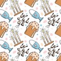 Easter details seamless pattern with doodle illustrations. Willow, Easter cake, candles, egg in a stand. Bright vector