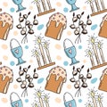 Easter details seamless pattern with doodle illustrations. Willow, Easter cake, candles, egg in a stand. Bright vector