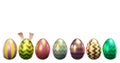 Easter different shiny eggs in a row, in a line. White background minimalism 3d rendering