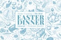 Easter dinner banner template. Vector hand drawn illustrations. Happy Easter dinner retro design. Background with food, meat,