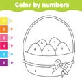 Easter drawing game. Color by numbers, printable worksheet. Coloring page with Easter Eggs. Educational game for toddlers and kids