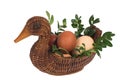 Easter duck with eggs on white background Royalty Free Stock Photo