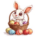 Easter, Easter bunny, Easter eggs, Easter basket, in cartoon style, white background Royalty Free Stock Photo