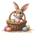 Easter, Easter bunny, Easter eggs, Easter basket, in cartoon style, white background Royalty Free Stock Photo