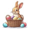 Easter, Easter bunny, Easter eggs, Easter basket, in cartoon style, white background Royalty Free Stock Photo