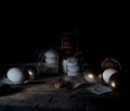 Easter. Easter night. Golden eggs and cakes on a wooden table. White feathers. Vintage. Dark background Royalty Free Stock Photo
