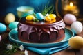 Easter pastries, homemade Easter cake decorated with colorful eggs, chocolate dessert