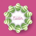 Easter egg banner. Easter card with eggs laid out in a circle on a white plate, green ornate eggs on pink modern background.