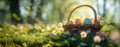 easter egg basket colorful with eggs and grass, sunrays shine upon it,