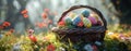 easter egg basket colorful with eggs and grass, sunrays shine upon it,