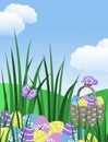 Easter Egg Basket Hunt Background Garden Illustration With Clouds Butterflies Long Green Grass Hills Blue Sky With Copy Space