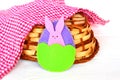 Easter egg and Bunny, basket, towel on white wooden background. Felt crafts