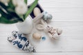 Easter egg bunny top view. decorated and wooden eggs and rabbit