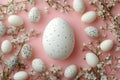 Easter Egg Celebration: A Delicate Arrangement of Speckled and Plain Eggs Adorned with White Blossoms on a Pastel Pink Background Royalty Free Stock Photo