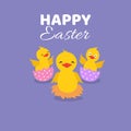 Easter egg and chicks. Cute baby chickens with shell. Happy easter greeting vector card