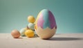 an easter egg with colorful paint on it surrounded by colorful eggs on the table with green background Royalty Free Stock Photo