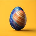 An Easter egg with cosmic painted theme on a yellow background Royalty Free Stock Photo