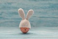 Easter egg in crochet hat with bunny ears against painted shabby wooden background