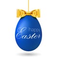Easter egg 3D. Blue hanging egg, white text, gold ribbon bow isolated background. Realistic design, decoration Happy Royalty Free Stock Photo