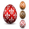 Easter egg 3D icon. Color eggs set, isolated white background. Flower fleur de lis design, decoration Happy Easter Royalty Free Stock Photo