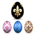 Easter egg 3D icon. Color eggs set, isolated white background. Flower fleur de lis design, decoration Happy Easter Royalty Free Stock Photo