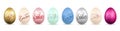 Easter egg 3D icon. Gold, pastel eggs set, lettering, isolated white background. Realistic design. Hand drawn decoration Royalty Free Stock Photo