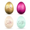 Easter egg 3D icon. Gold, pastel eggs set, lettering, isolated white background. Realistic design. Hand drawn decoration Royalty Free Stock Photo