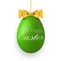 Easter egg 3D icon. Green hanging egg, white text, gold ribbon bow isolated background. Realistic design, decoration Royalty Free Stock Photo
