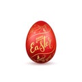 Easter egg 3D icon. Red egg, gold lettering, isolated white background. Floral design. Hand drawn flower decoration for Royalty Free Stock Photo