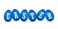 Easter egg 3D icons. Blue set, white text, eggs in row, isolated background. Bright realistic design, decoration Happy