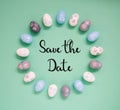 Easter Egg Decoration, Flat Lay, English Text Save The Date