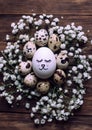 Easter egg with drawn cute face surrounded with quial eggs in nest of gypsophila flowers