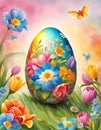 Easter egg featured with floral allegories and bright colors and rainbow background Royalty Free Stock Photo