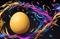 Easter egg in flying splatters of multi-colored paints on a black background. Generative AI. Royalty Free Stock Photo
